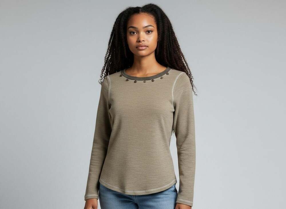 POL Long Sleeve Waffle Knit Top YKT1680 Small Khaki Beaded Trim